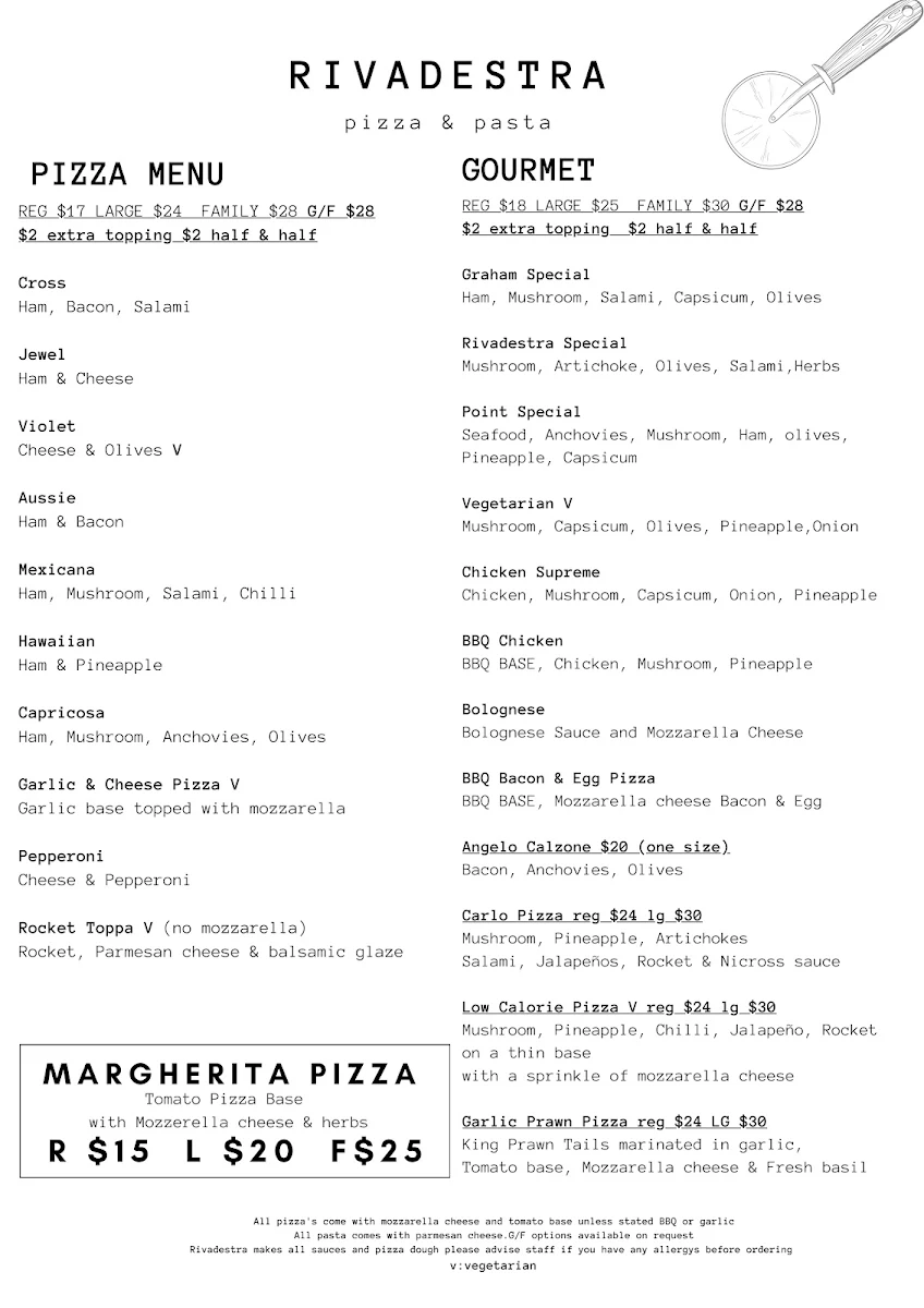 Menu, Rivadestra Pizza & Pasta