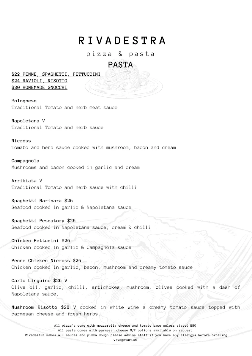 Menu, Rivadestra Pizza & Pasta