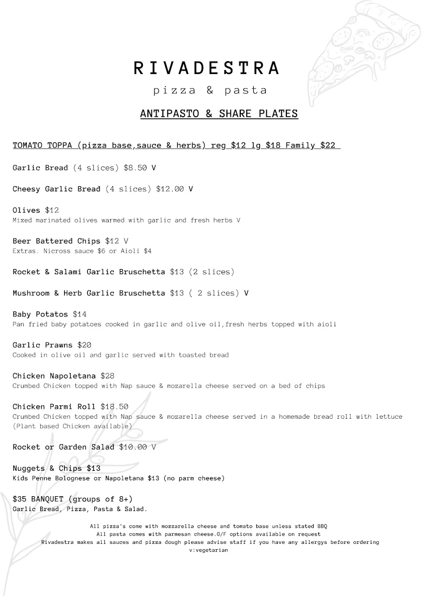 Menu, Rivadestra Pizza & Pasta