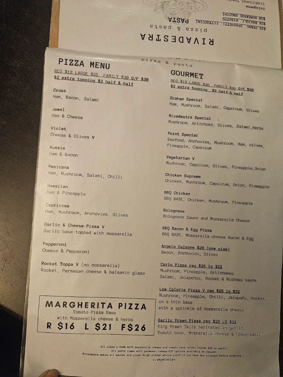 Menu, Rivadestra Pizza & Pasta