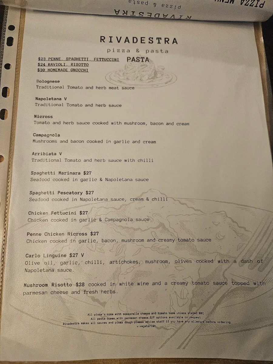 Menu, Rivadestra Pizza & Pasta