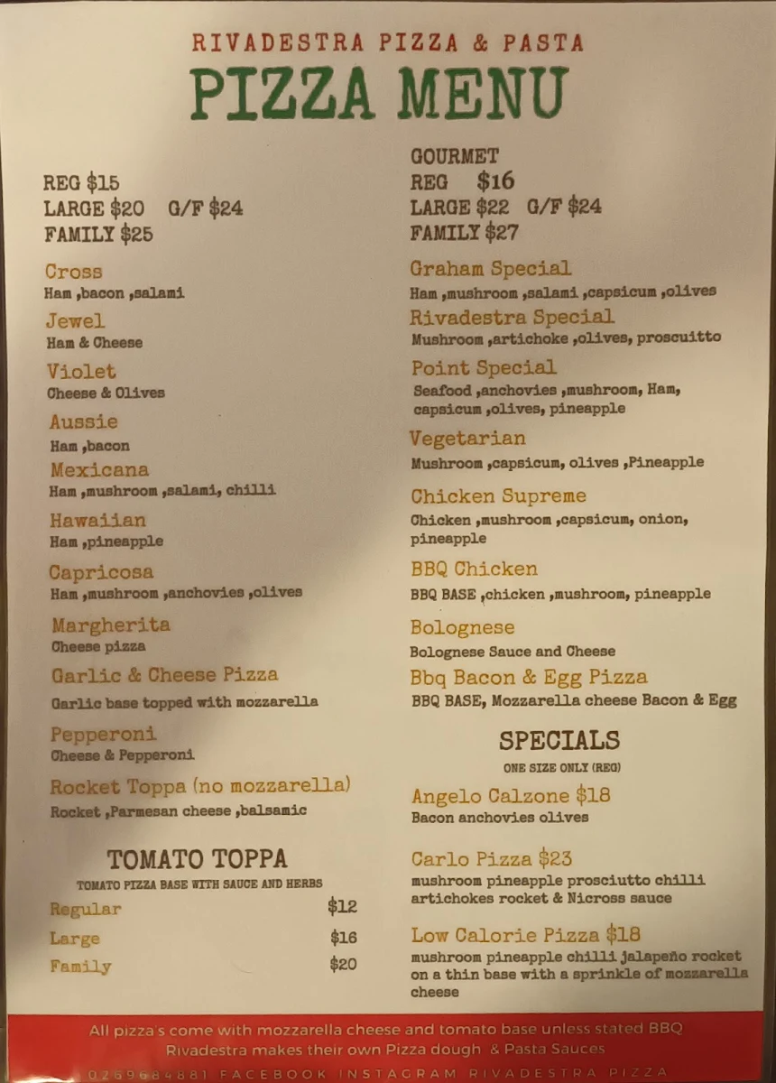 Menu, Rivadestra Pizza & Pasta