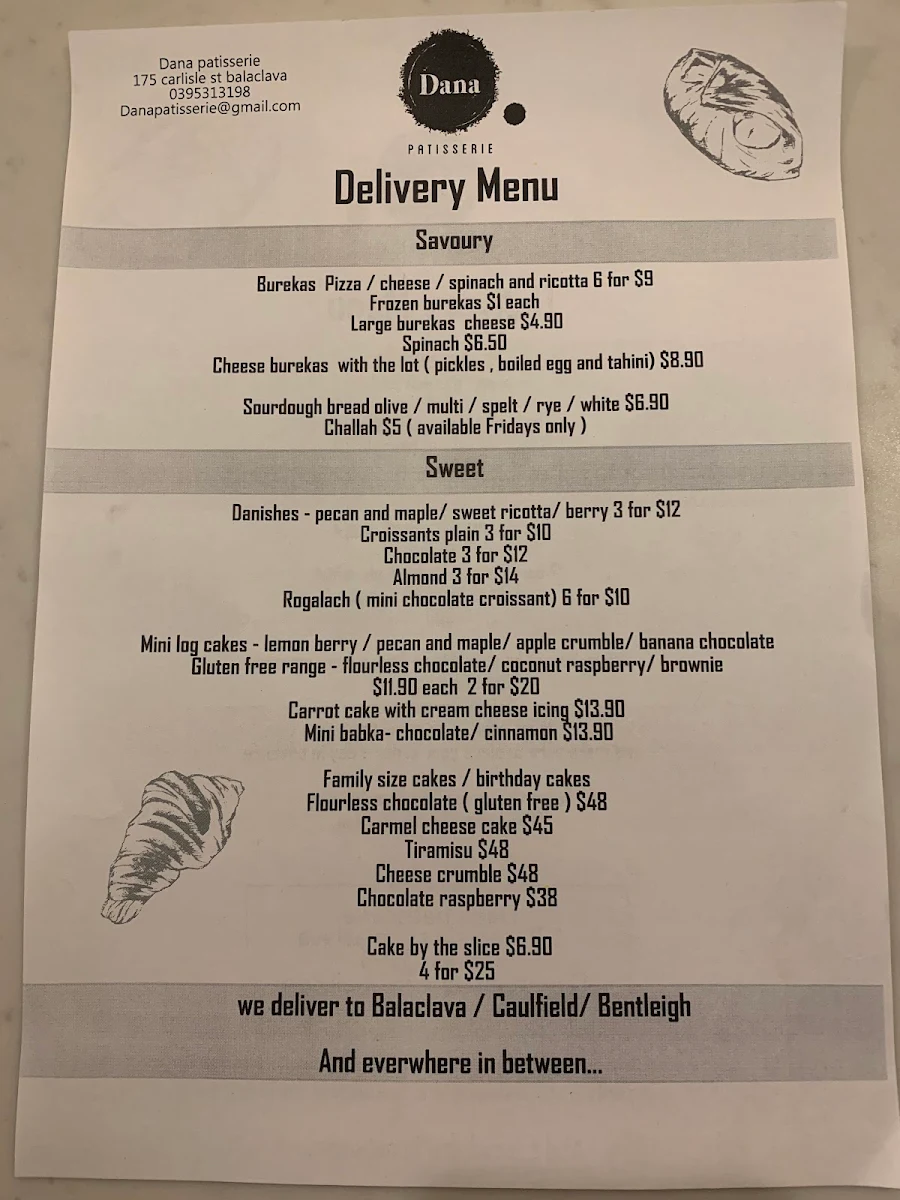 Menu, Dana Patisserie