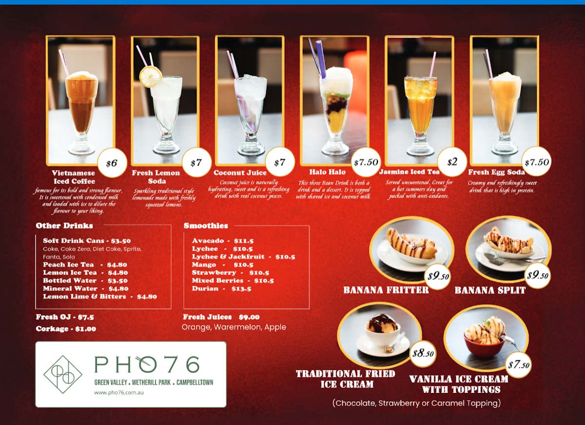 Menu, Pho 76 Campbelltown
