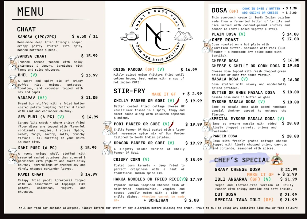 Menu, NC's Chaat and Dosa House (Vegetarian/Vegan/Gluten Free Restaurant)