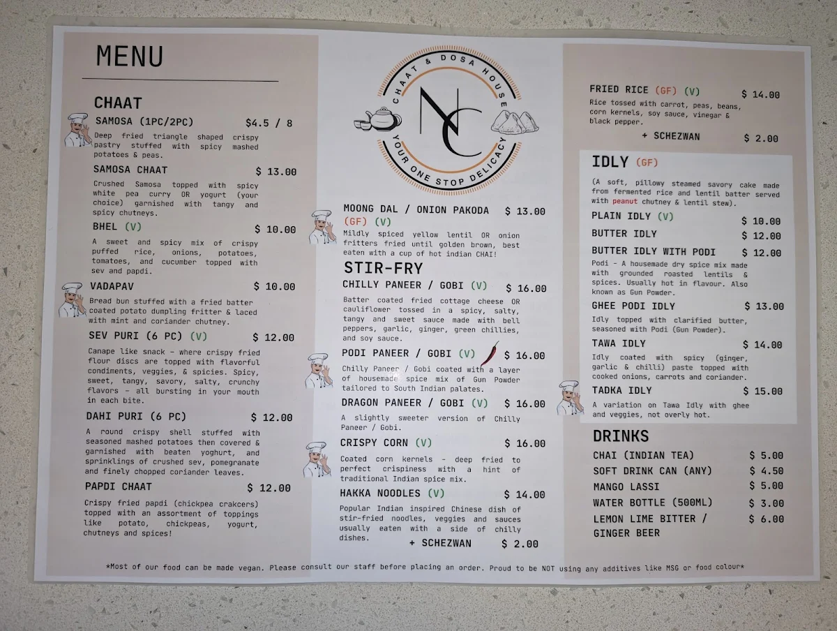 Menu, NC's Chaat and Dosa House (Vegetarian/Vegan/Gluten Free Restaurant)