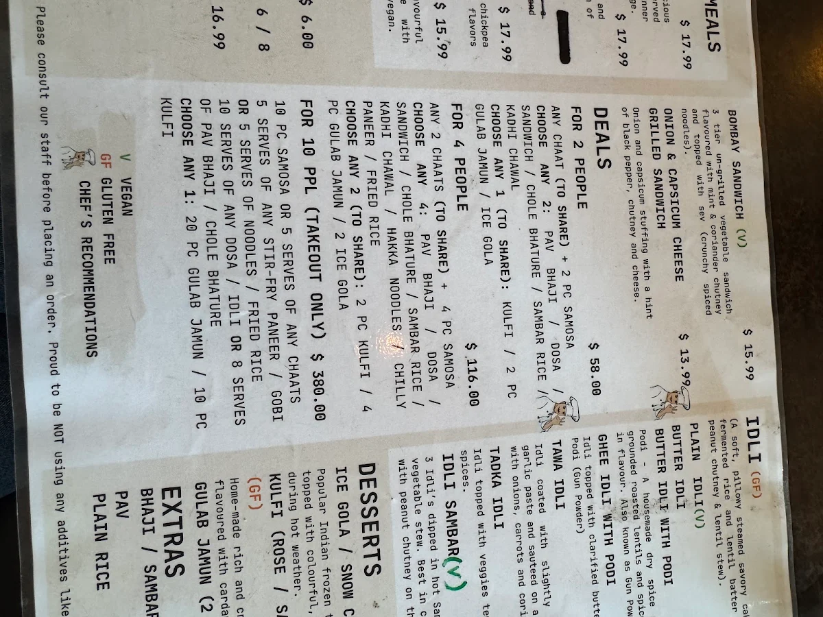 Menu, NC's Chaat and Dosa House (Vegetarian/Vegan/Gluten Free Restaurant)