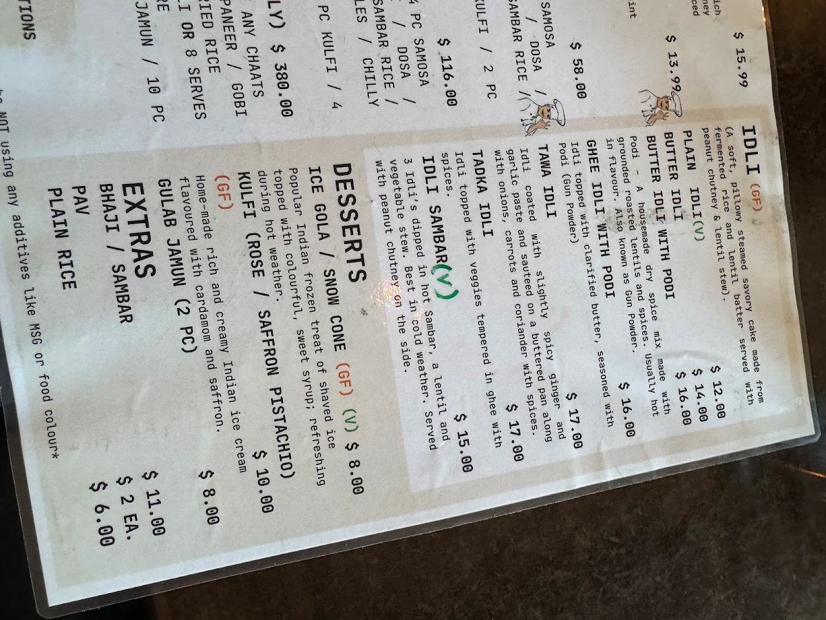 Menu, NC's Chaat and Dosa House (Vegetarian/Vegan/Gluten Free Restaurant)