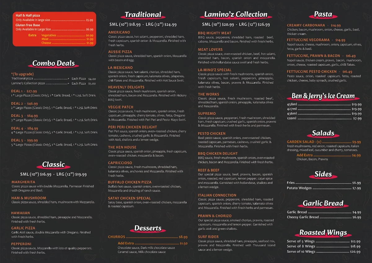 Menu, La-Mino'z Pizza