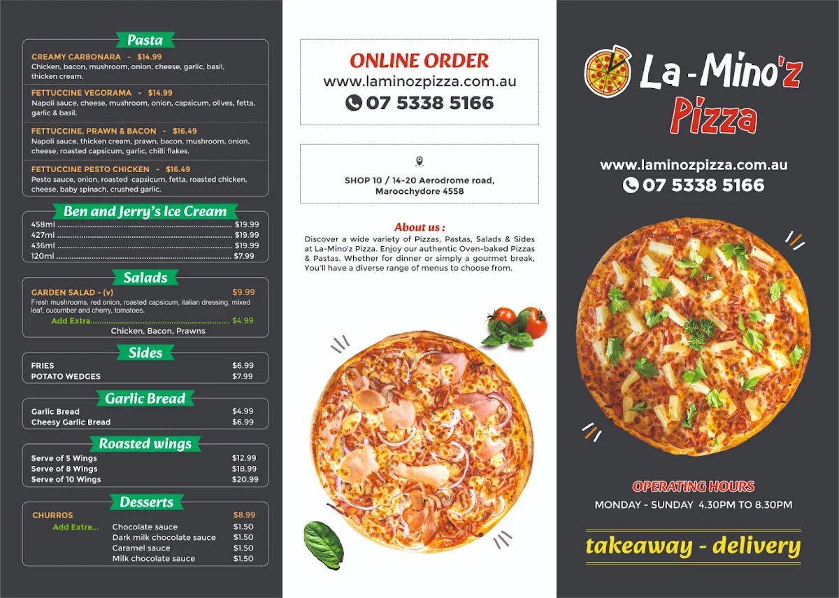 Menu, La-Mino'z Pizza