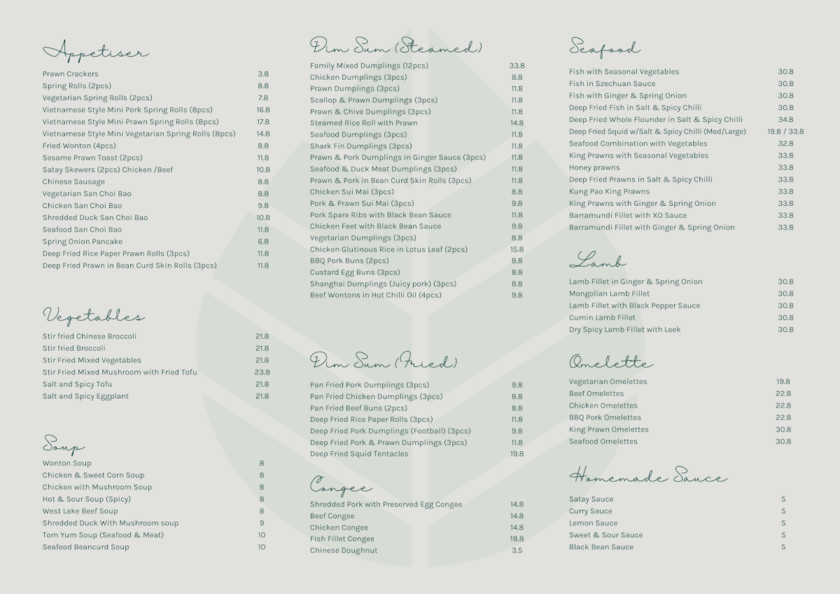 Menu, Family Tea House