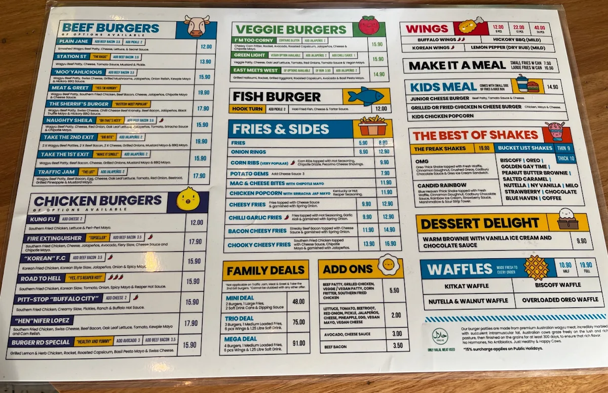 Menu, Burger Road Mernda