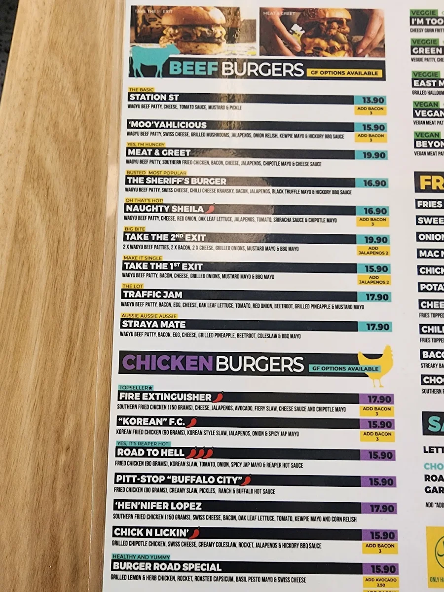 Menu, Burger Road Mernda