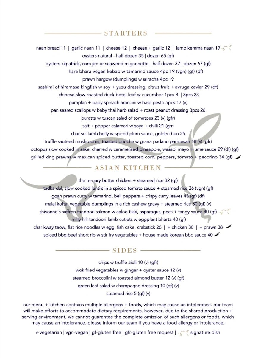 Menu, THE TERNARY RESTAURANT