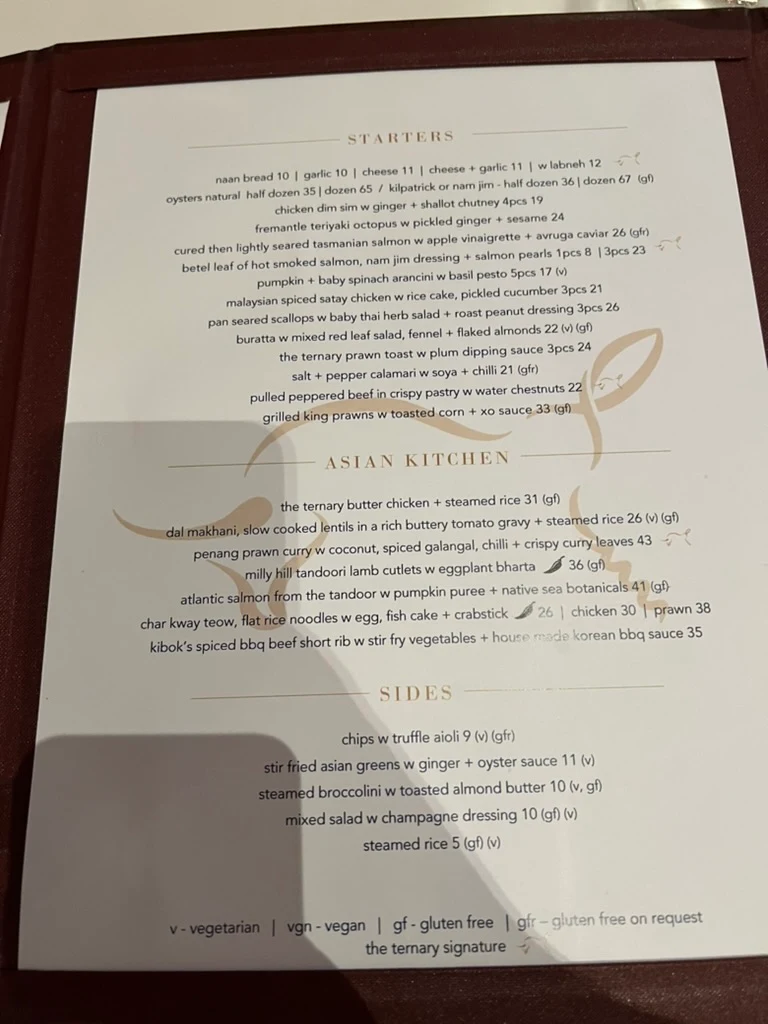 Menu, THE TERNARY RESTAURANT