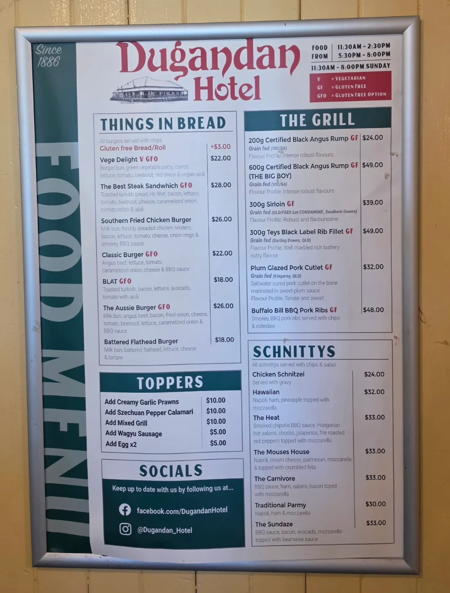 Menu, Dugandan Hotel