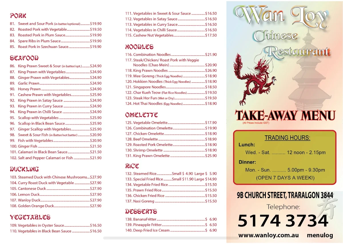 Menu, Wan Loy Chinese Restaurant