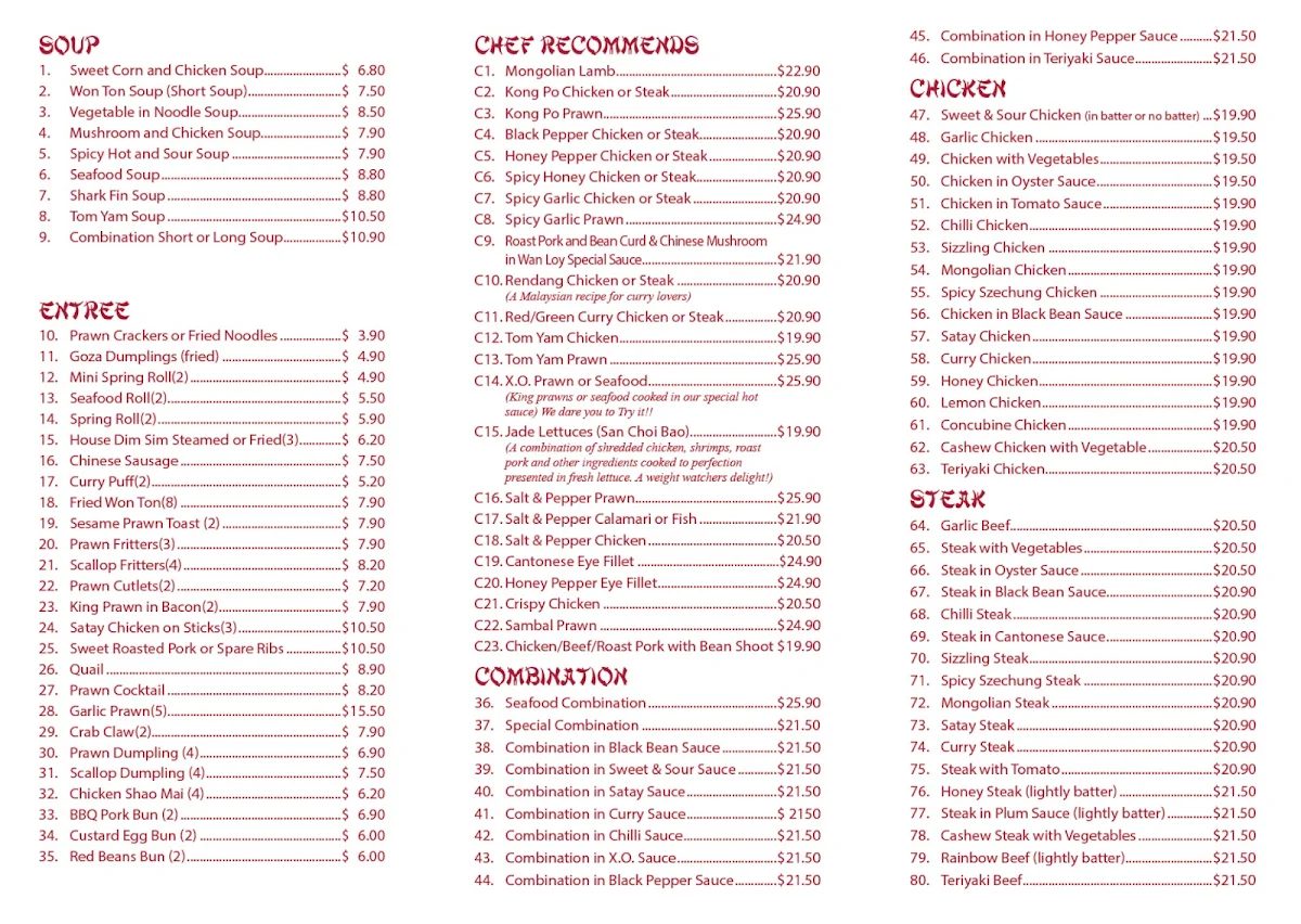 Menu, Wan Loy Chinese Restaurant