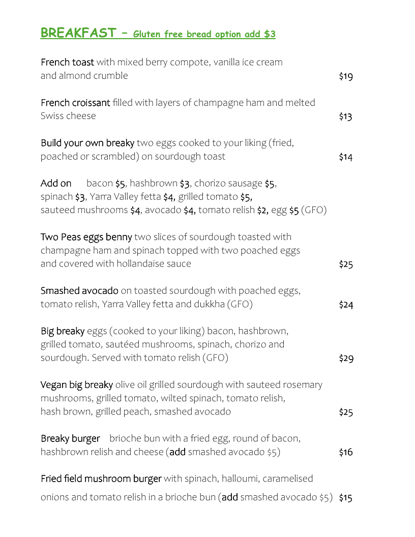 Menu, Two Peas Cafe (Two Peas In Their Pod)