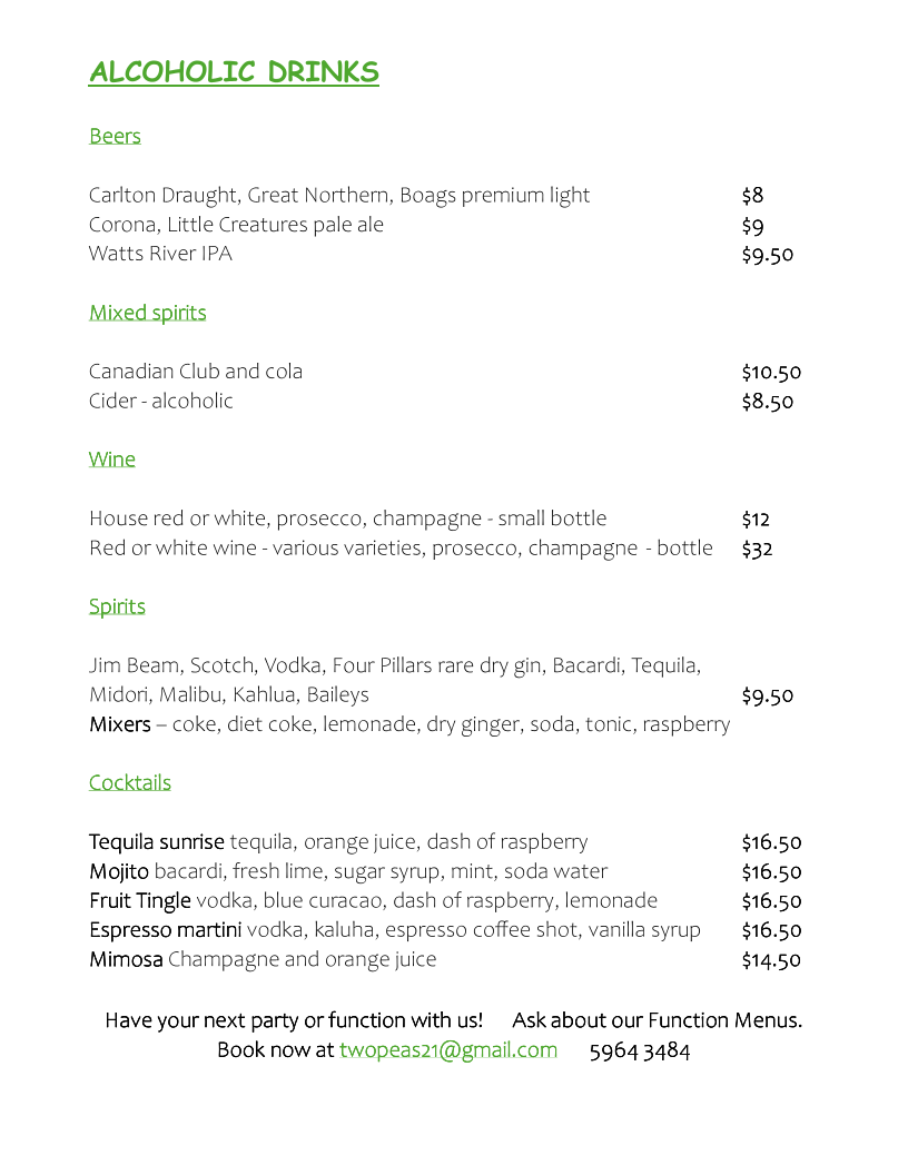 Menu, Two Peas Cafe (Two Peas In Their Pod)