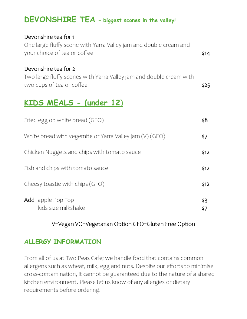 Menu, Two Peas Cafe (Two Peas In Their Pod)