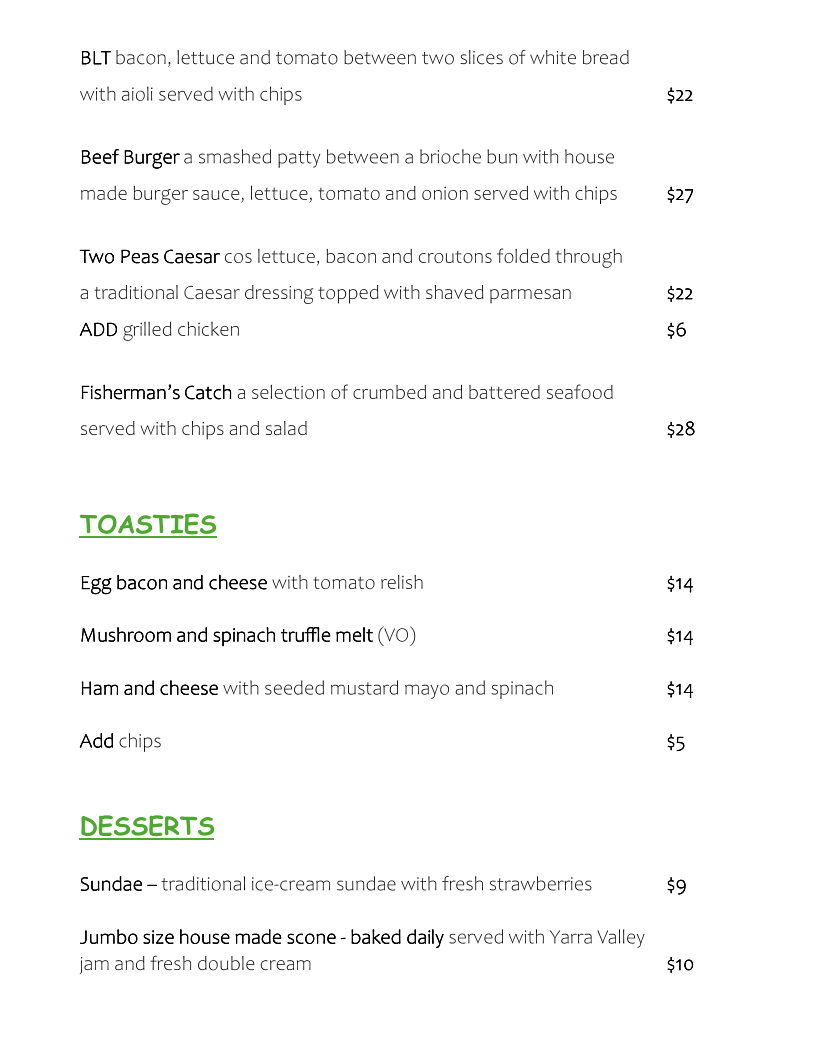 Menu, Two Peas Cafe (Two Peas In Their Pod)
