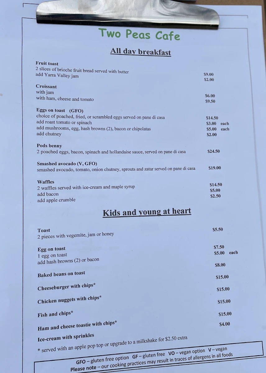 Menu, Two Peas Cafe (Two Peas In Their Pod)