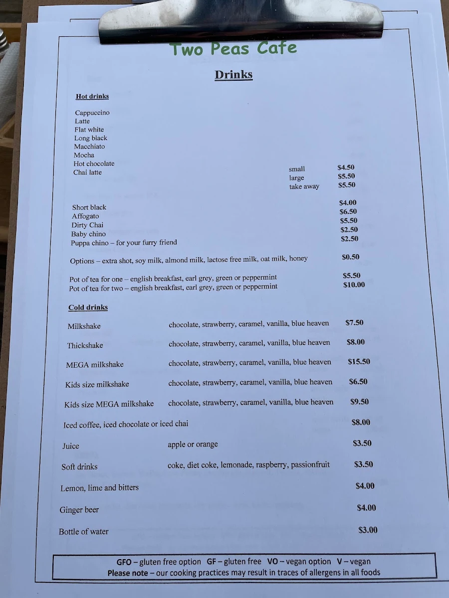 Menu, Two Peas Cafe (Two Peas In Their Pod)