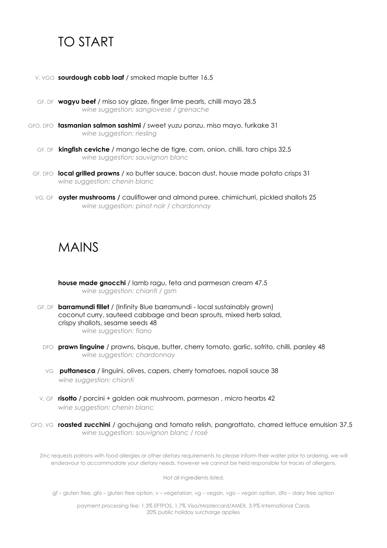 Menu, Zinc Restaurant Port Douglas