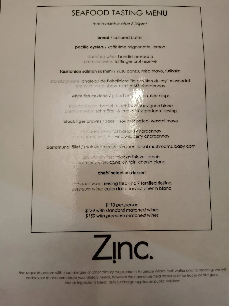 Menu, Zinc Restaurant Port Douglas