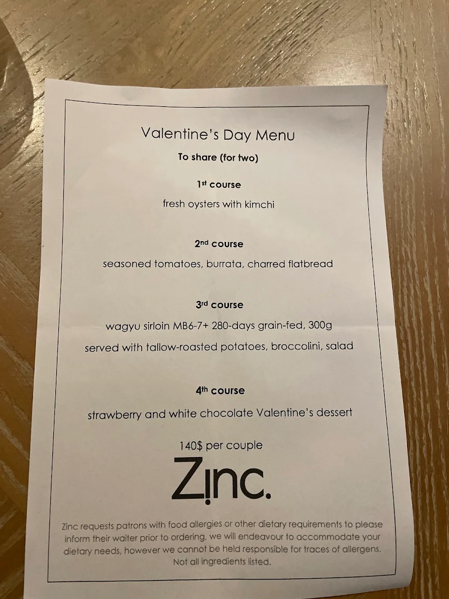 Menu, Zinc Restaurant Port Douglas