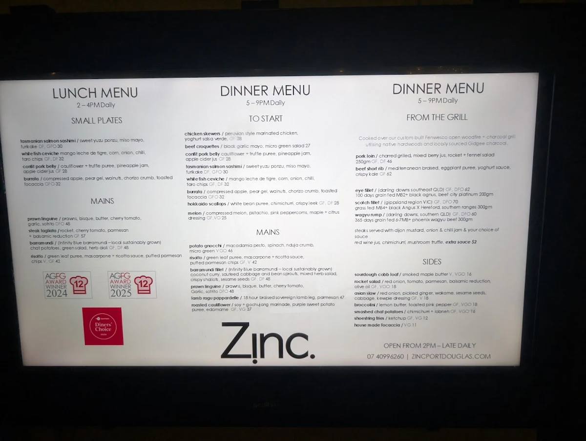 Menu, Zinc Restaurant Port Douglas