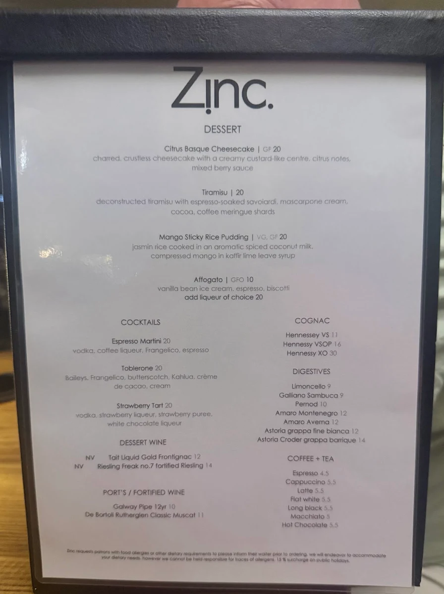Menu, Zinc Restaurant Port Douglas