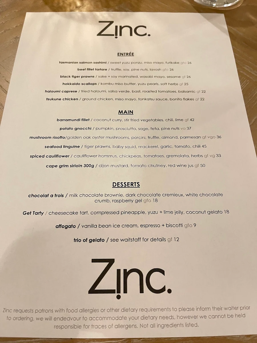 Menu, Zinc Restaurant Port Douglas