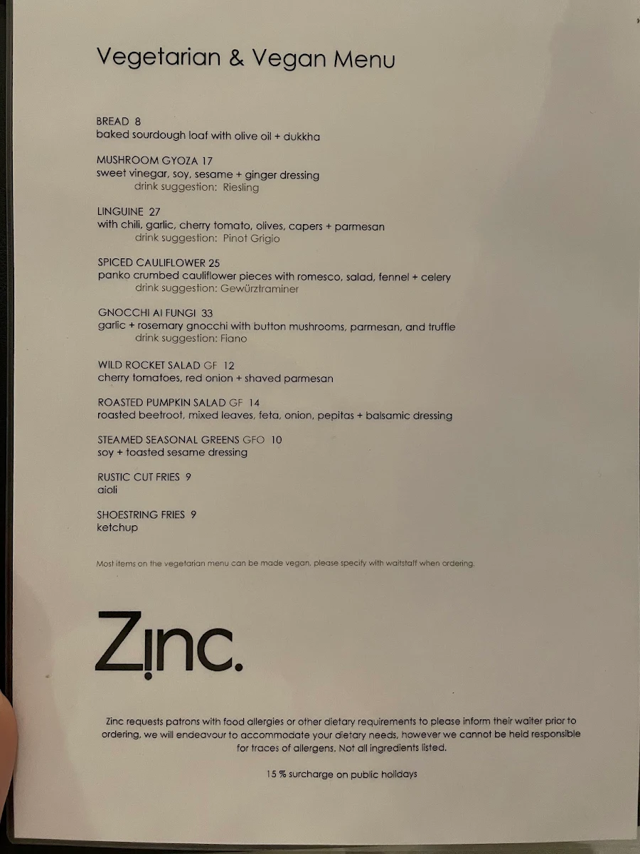 Menu, Zinc Restaurant Port Douglas