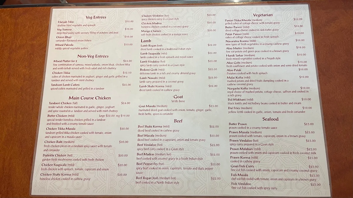Menu, The Everest spice & curryhouse