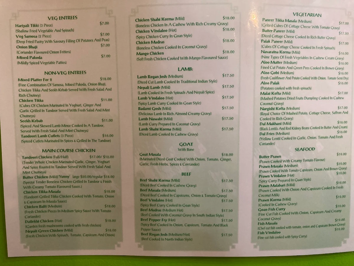 Menu, The Everest spice & curryhouse