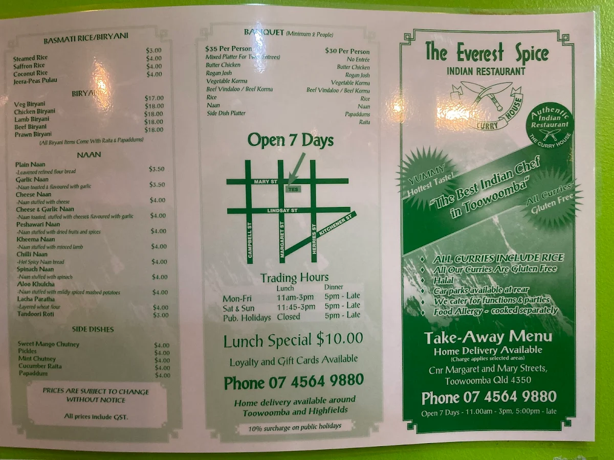 Menu, The Everest spice & curryhouse