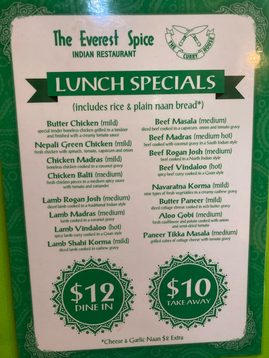 Menu, The Everest spice & curryhouse