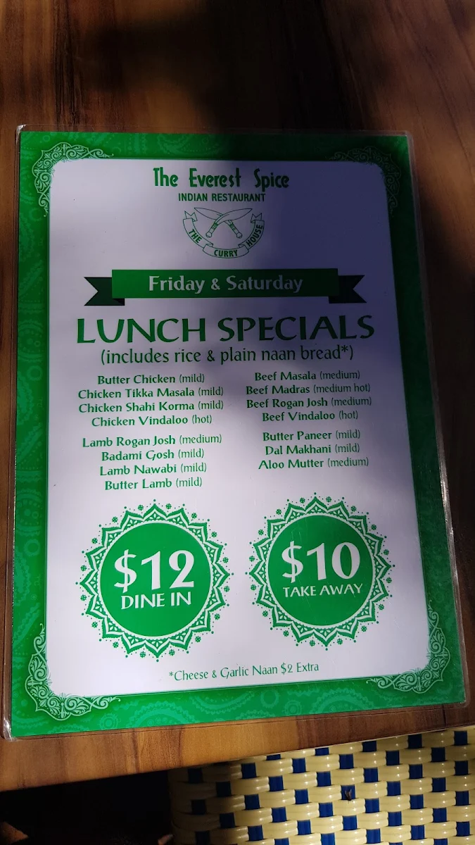Menu, The Everest spice & curryhouse