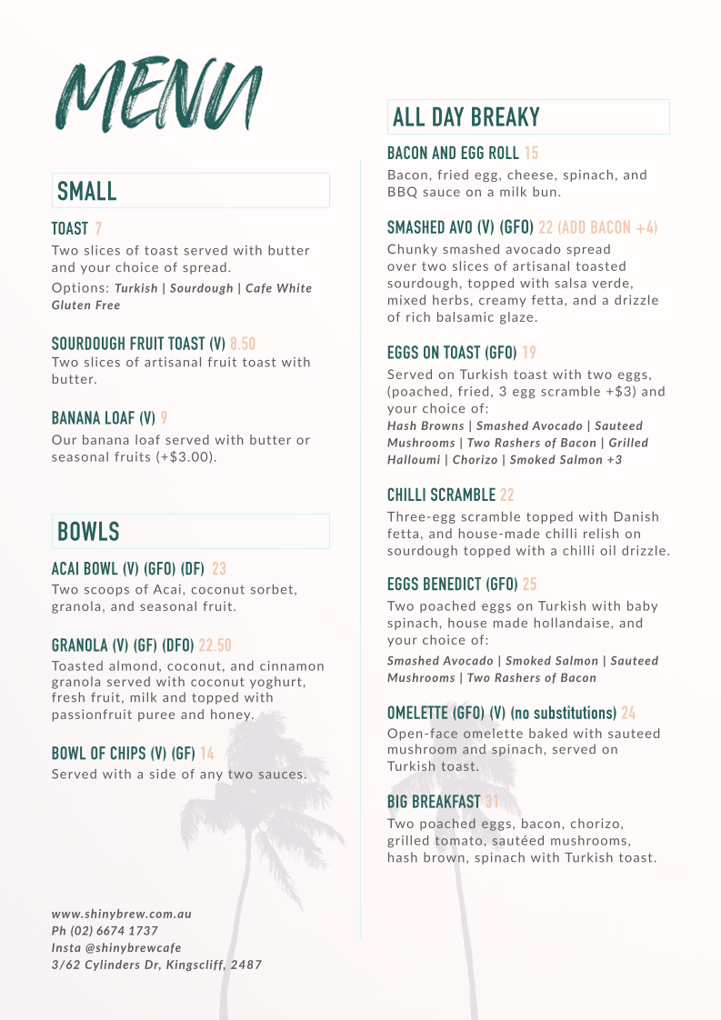 Menu, Shiny Brew