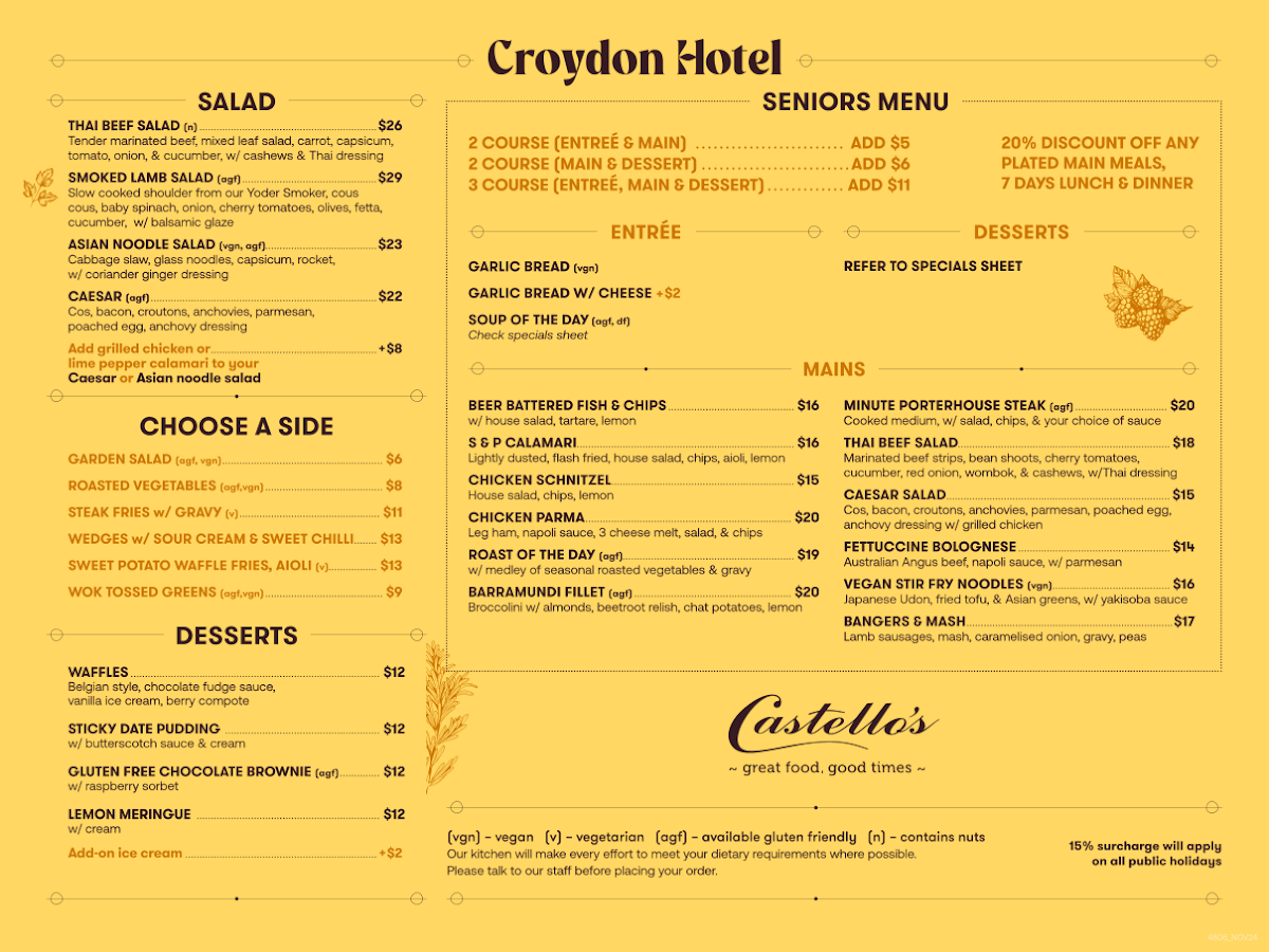 Menu, Castello's Croydon Hotel
