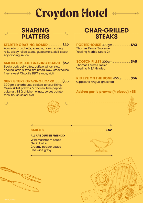 Menu, Castello's Croydon Hotel