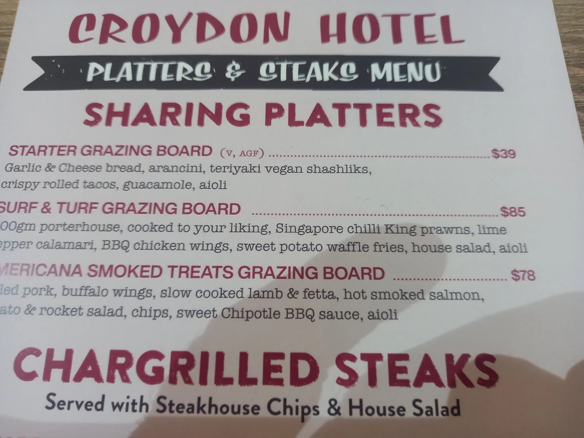 Menu, Castello's Croydon Hotel