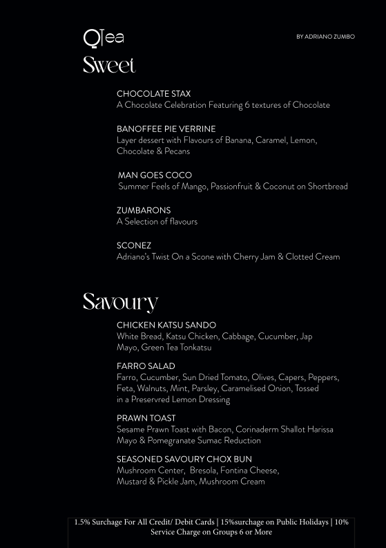 Menu, QTea High Tea by QT Sydney