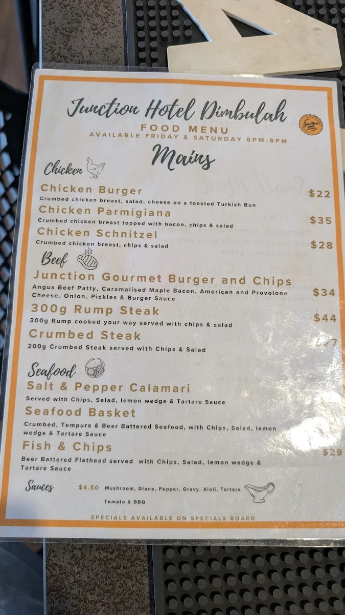 Menu, Junction Hotel Dimbulah