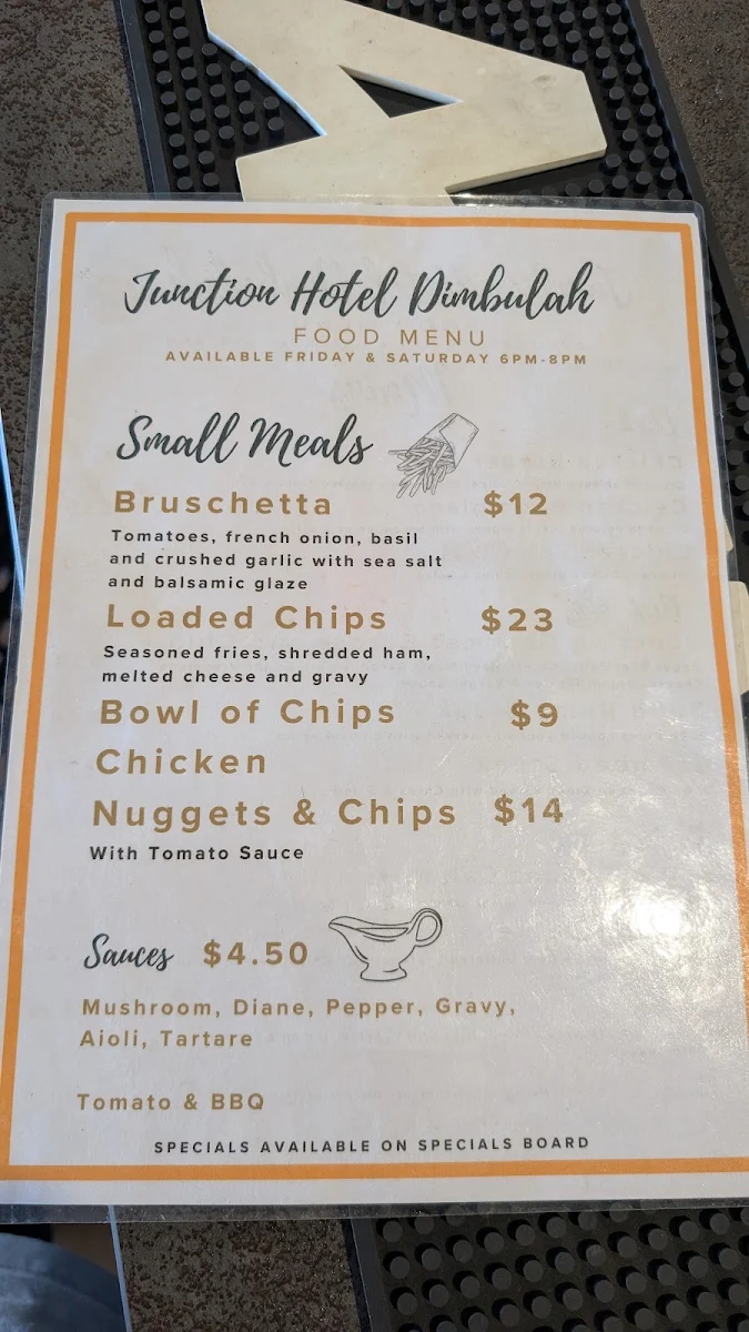 Menu, Junction Hotel Dimbulah