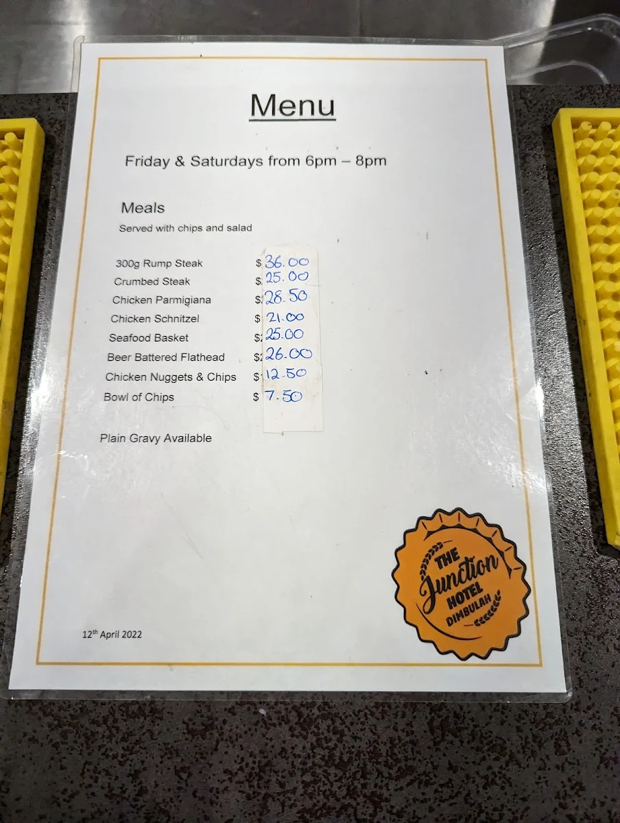 Menu, Junction Hotel Dimbulah