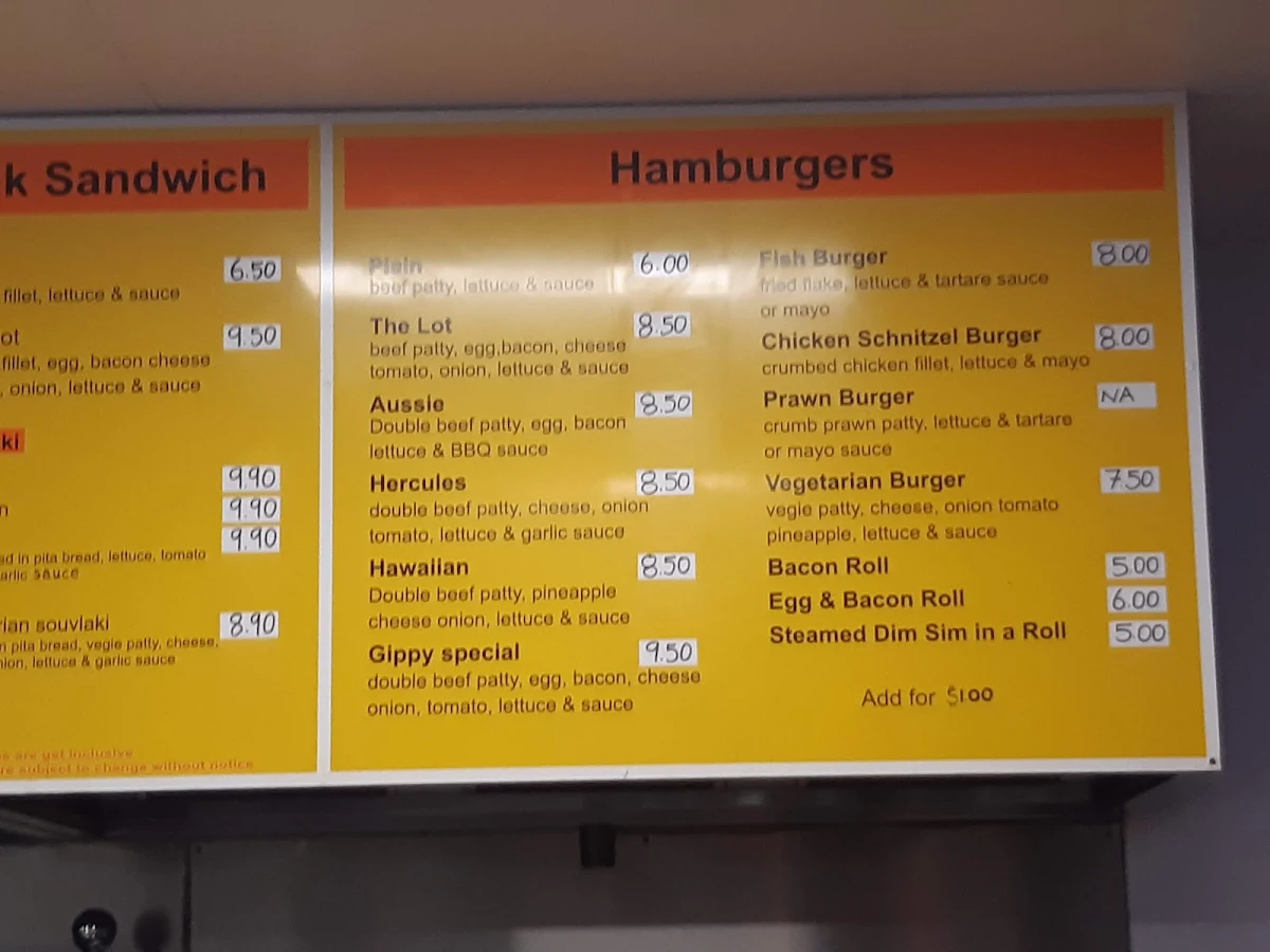 Menu, Gippy Fish N Chips