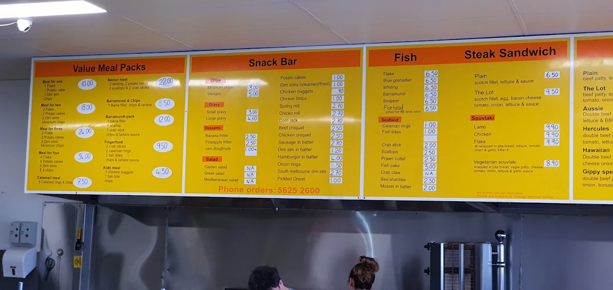 Menu, Gippy Fish N Chips